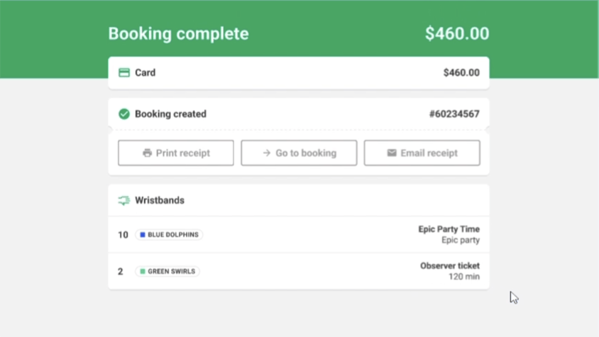 POS booking screen with description of which wristbands to allocate guests 