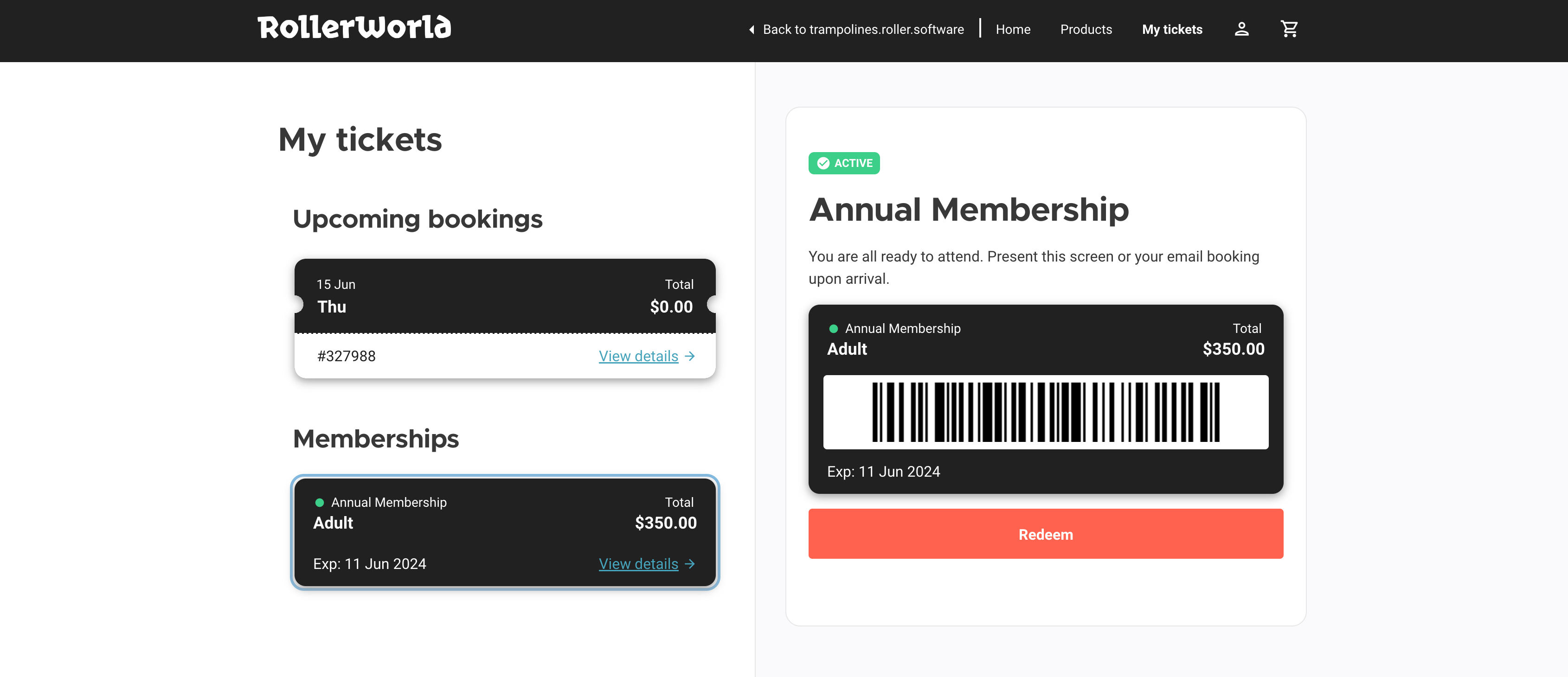 A guest online account showing active bookings and memberships