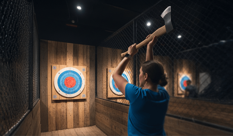 A woman throwing an axe at a target in an axe throwing venue