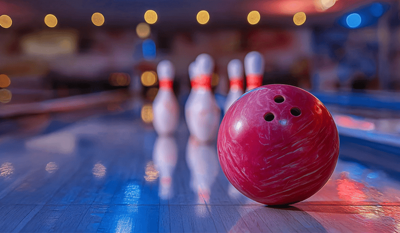 A bowling ball and pins in a colorful bowling alley