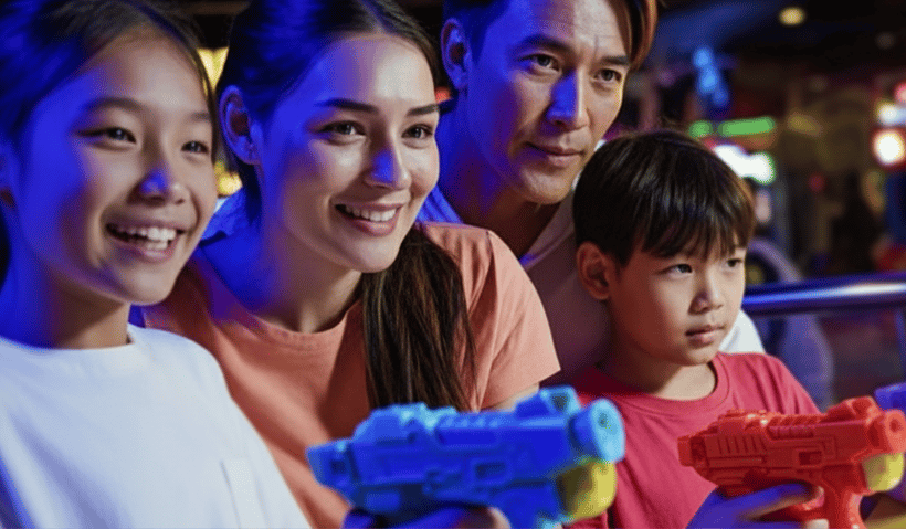 A family playing an arcade game at an FEC