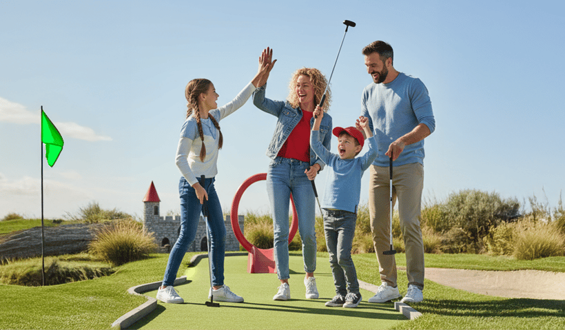A family with young children celebrating on an outdoor mini gold course