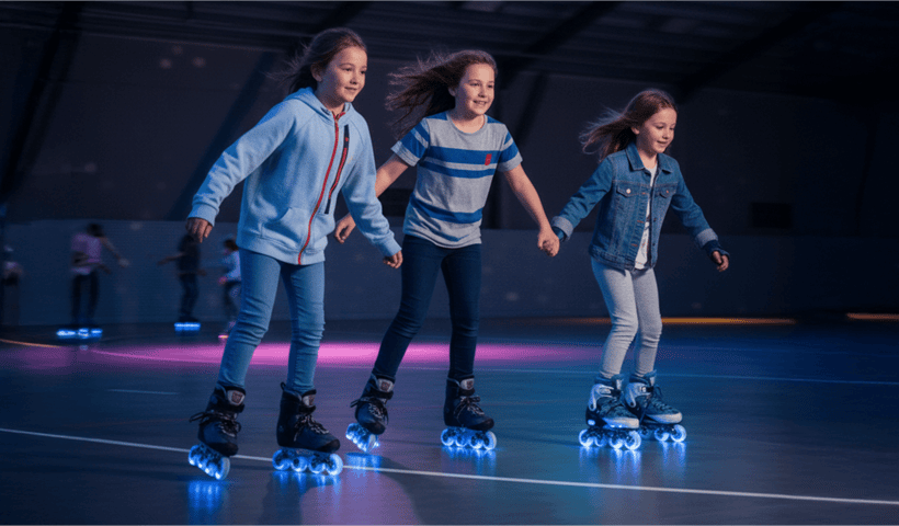Three young girls wearing light up roller blades in a skating rink Three young girls wearing light up roller blades in a skating rink
