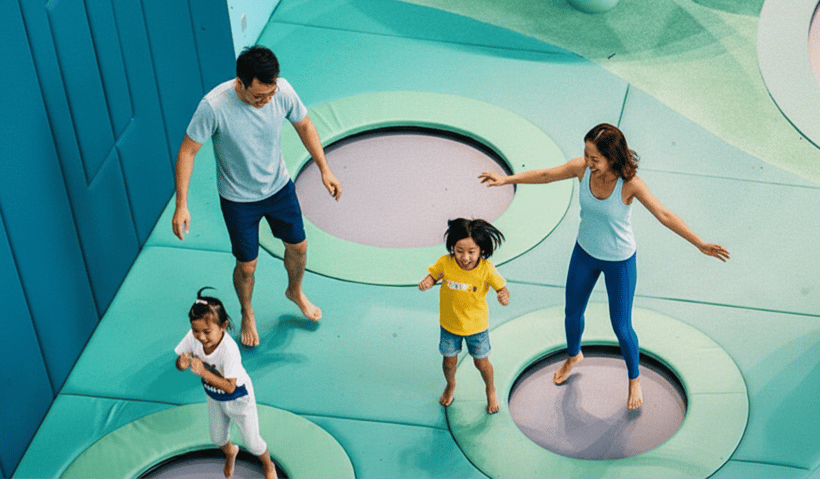 A family with young children bouncing on mini trampolines at a trampoline park
