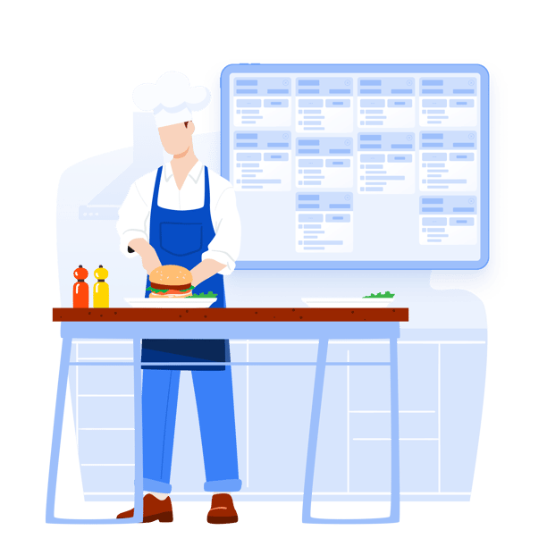 Chef prepares orders using display screen