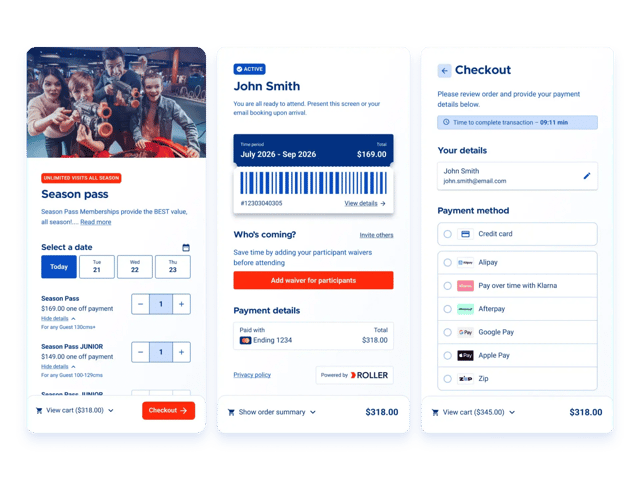Three-step mobile booking flow: choosing season pass tickets, active barcode ticket, and payment options at checkout Three-step mobile booking flow: choosing season pass tickets, active barcode ticket, and payment options at checkout