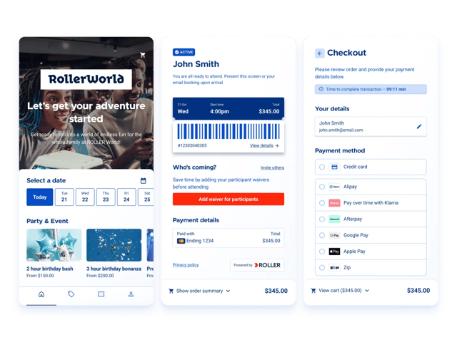 Branded playcenter booking site showing party packages, an active barcode ticket, and checkout payment options