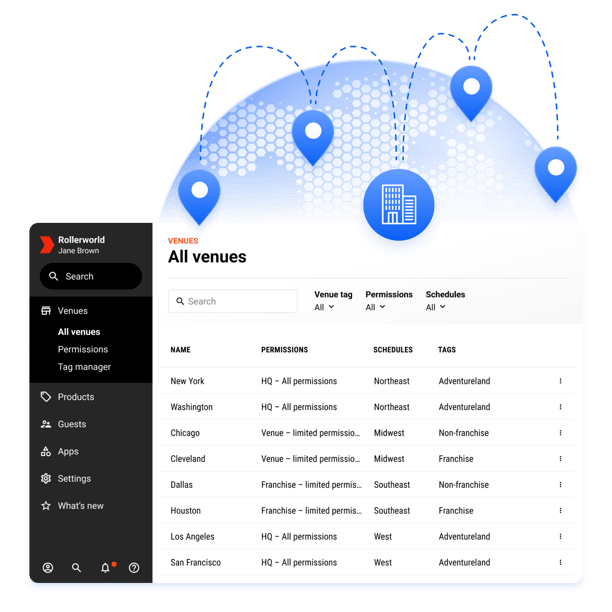 Dashboard view of ROLLER HQ account showing centralized management for multiple axe throwing venues