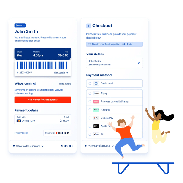 ROLLER POS checkout screen prompting staff to add a locker rental