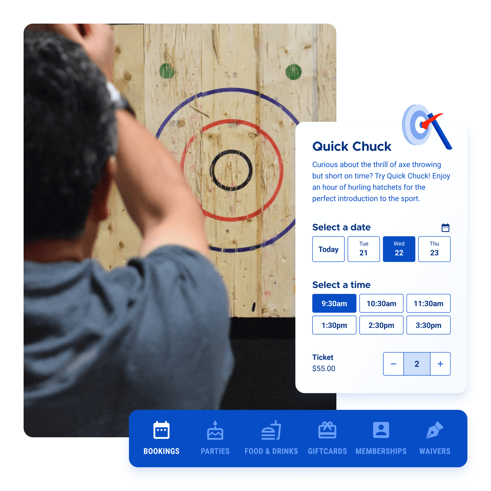 Guests enjoying an axe throwing experience at a venue using ROLLER axe throwing software Guests enjoying an axe throwing experience at a venue using ROLLER axe throwing software