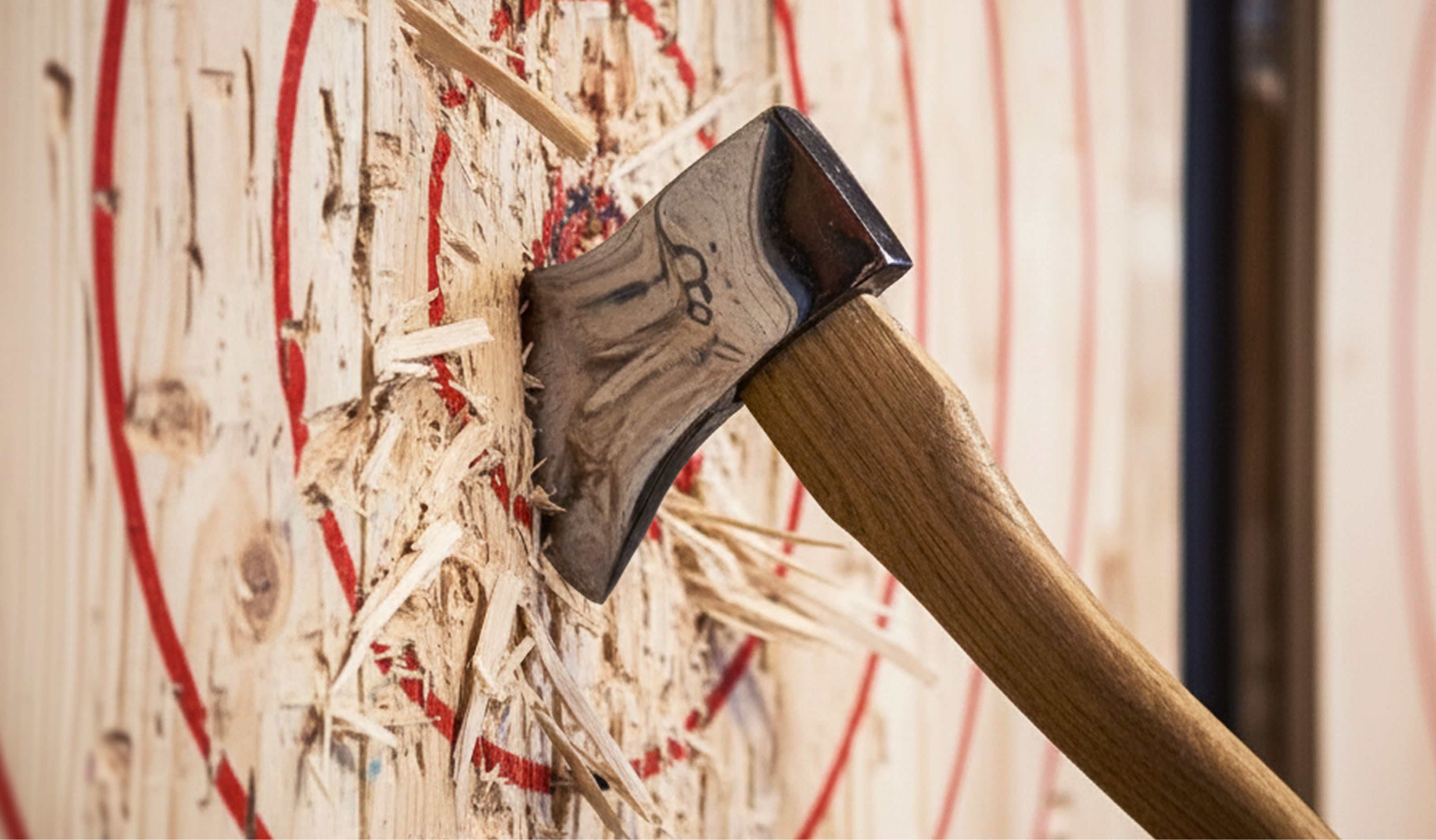 An axe sticking out of a throwing target