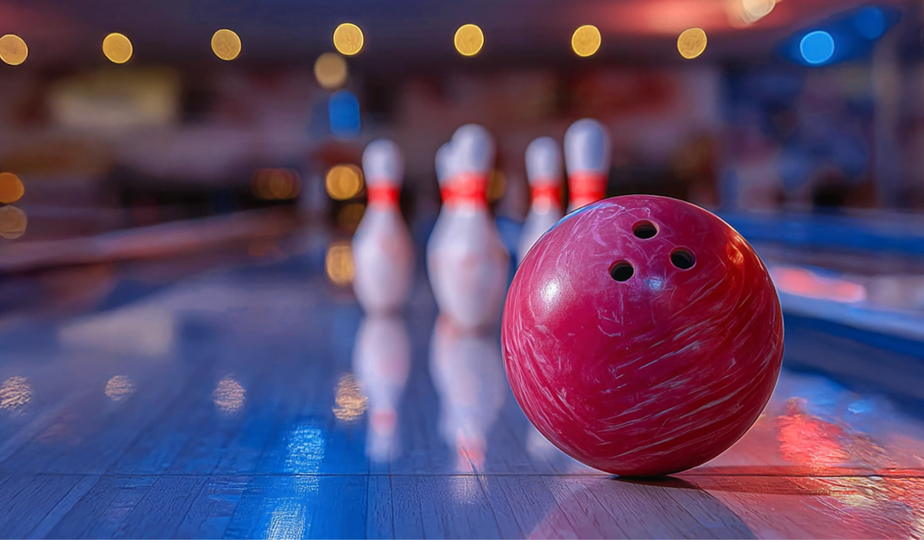 A bowling ball and pins in a colorful bowling alley